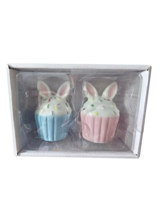 welcome spring Other - “Welcome Spring” CUPCAKE RABBIT Salt and Pepper pink & Blue Shaker Set NIB